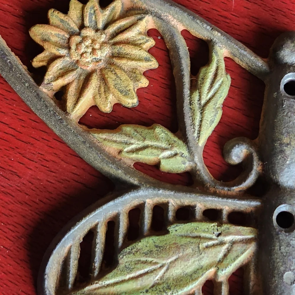 Marker's Marked Painted Iron Butterfly Wall Hook Sunflower and Leaf Detail
